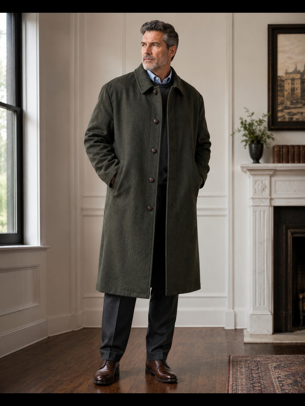✨Giesswein Men's Olive Wool-Blend Overcoat - Classic Single-Breasted LIKE NEW✨